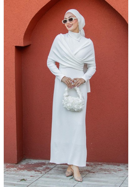 Simge Omuz Detaylı Kaşkorse Elbise-Beyaz fırsatları