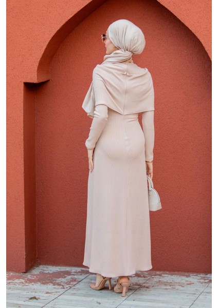 Simge Omuz Detaylı Kaşkorse Elbise-Bej indirimleri