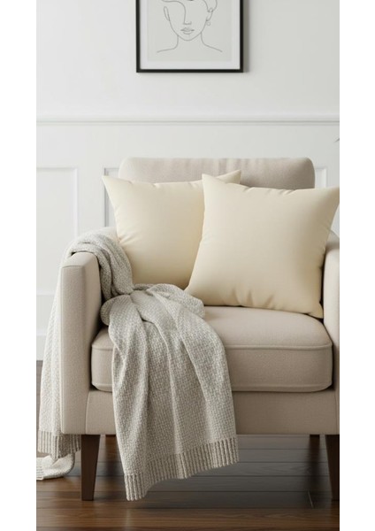 Rio Düz Keten Kırlent Kılıfı 2 Adet Kare Krem