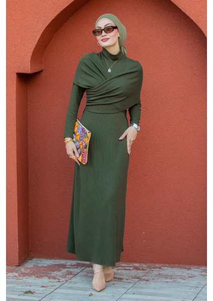 Simge Omuz Detaylı Kaşkorse Elbise-Haki