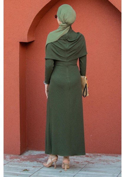 Simge Omuz Detaylı Kaşkorse Elbise-Haki fırsatları