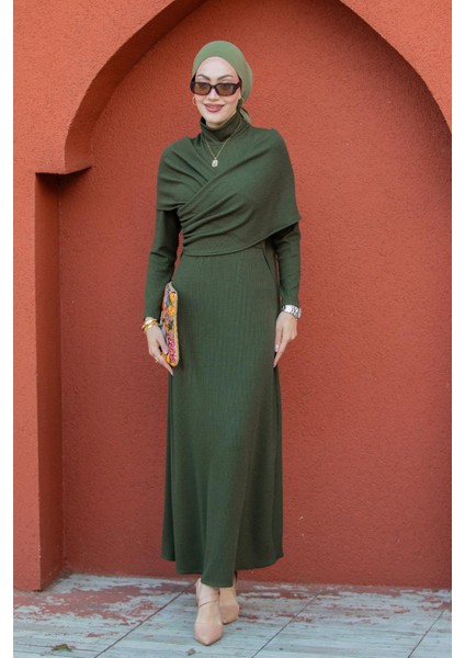 Simge Omuz Detaylı Kaşkorse Elbise-Haki indirimleri