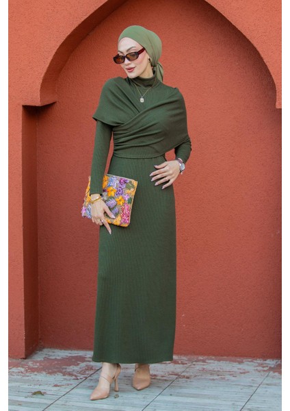 Simge Omuz Detaylı Kaşkorse Elbise-Haki