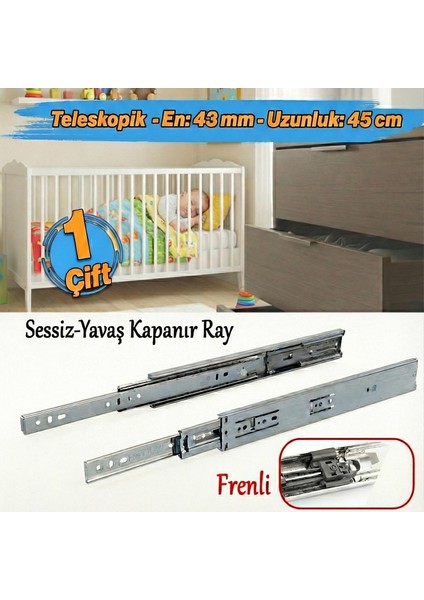 Frenli Teleskopik Çekmece Rayı Bilyalı Dolap Çekmecesi Ray Metal (1 Çift ) En 4.3 cm Uzunluk 45 cm
