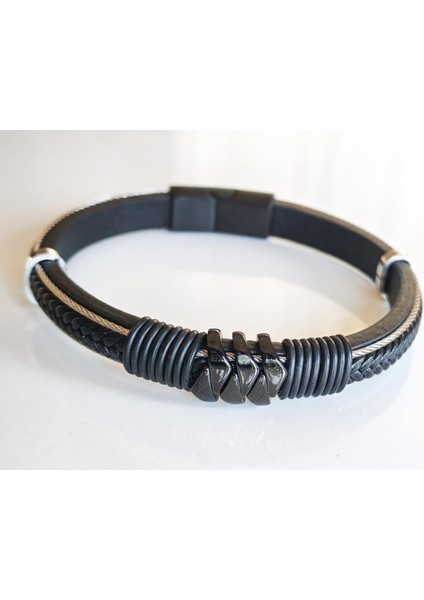 Deri Kordonlu Seramik Taşlı Siyah Erkek Bileklik