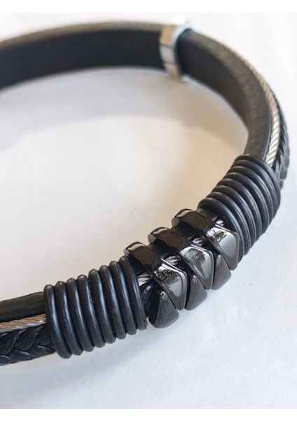 Deri Kordonlu Seramik Taşlı Siyah Erkek Bileklik fiyatları