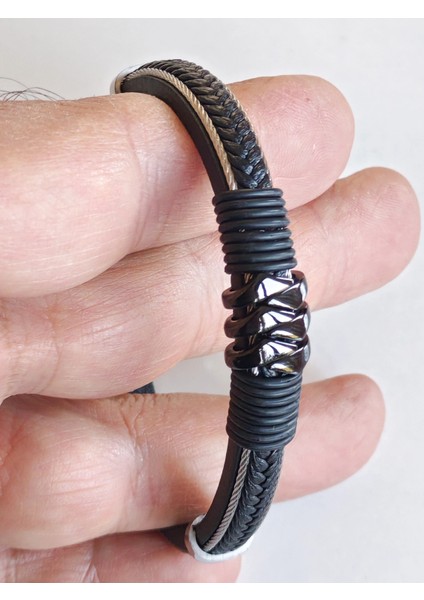 Deri Kordonlu Seramik Taşlı Siyah Erkek Bileklik modelleri