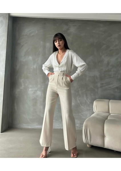 Kadın Yüksek Bel Çift Düğmeli Palazzo Pantolon