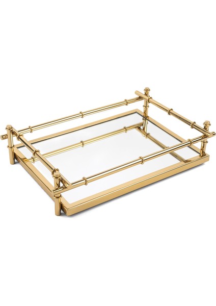 Gold Metal Dikdörtgen Aynalı Tepsi 47X30X10 cm