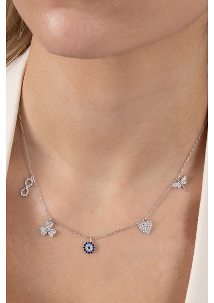 925 Ayar Gümüş Kolye Rodyumlu Zirkon Taşlı Nazarlı Şans Kolyesi SGTL13181RODAJ