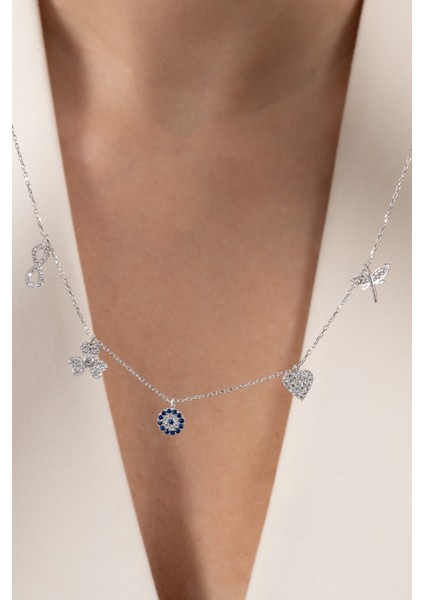 925 Ayar Gümüş Kolye Rodyumlu Zirkon Taşlı Nazarlı Şans Kolyesi SGTL13181RODAJ modelleri