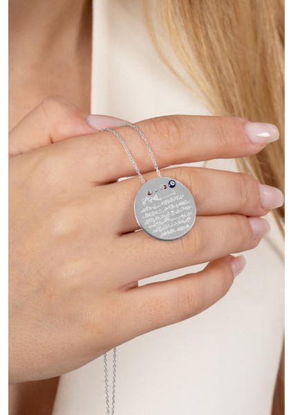 925 Ayar Gümüş Kolye Rodyumlu Ayetel Kürsi Yazılı Nazarlı Büyük Boy Plaka Kolye SGTL13138RODAJ