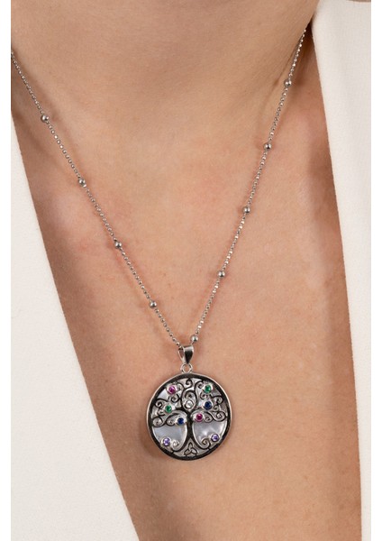 925 Ayar Gümüş Kolye Hepsi Top Top Zincirli Rodyumlu Sedef Taşlı Hayat Ağacı Tasarım Kolye SGTL13141RODAJ
