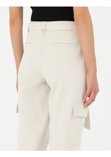 Kadın Krem Keten Karışımlı Jogger Fit Kanvas Pantolon 50263722-VR071