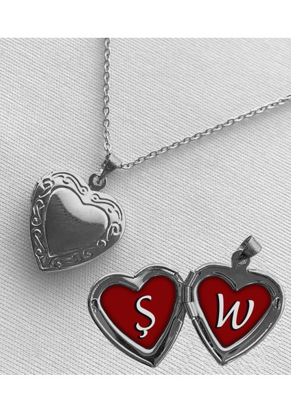 Çelik Ş W Harfli Açılır Kapanır Kapaklı Kalp Sevgili Arkadaşlık Kolyesi Epoksi Dolgulu Gümüş Renk