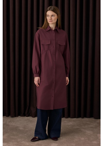 Uzun Büzgü Detaylı Gömlek Bordo