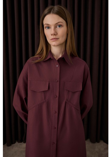 Uzun Büzgü Detaylı Gömlek Bordo modelleri