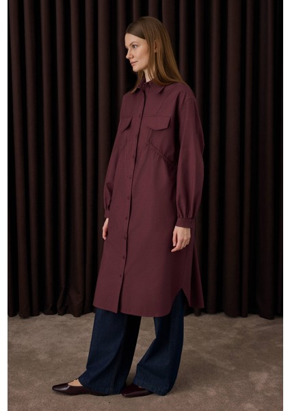 Uzun Büzgü Detaylı Gömlek Bordo fırsatları