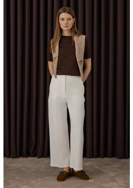 Nervürlü Midi Pantolon Ekru