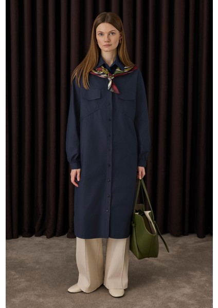 Uzun Büzgü Detaylı Gömlek Koyu Lacivert