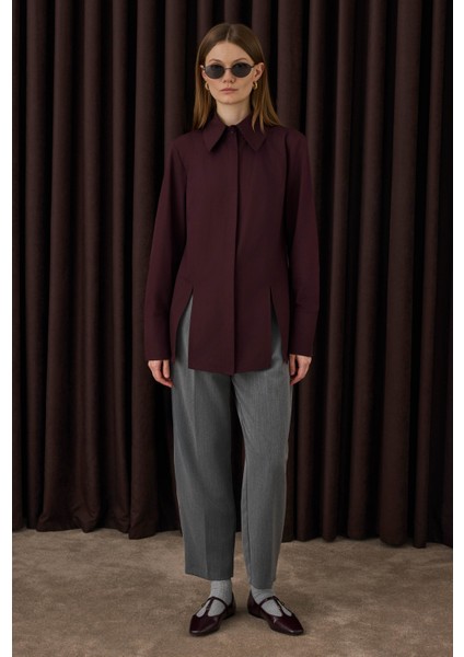 Yırtmaç Detaylı Gömlek Bordo