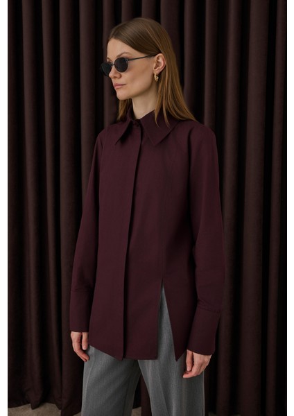 Yırtmaç Detaylı Gömlek Bordo modelleri