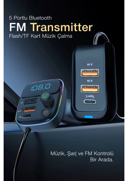 Pd 30W Hızlı Şarj & Rgb LED Işıklı Araç Fm Transmitter | 6 Multi-Port | 5V 3.1A USB | 1m Kablolu