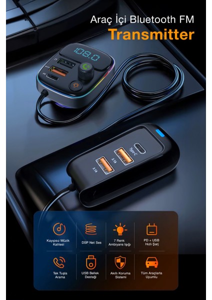 Pd 30W Hızlı Şarj & Rgb LED Işıklı Araç Fm Transmitter | 6 Multi-Port | 5V 3.1A USB | 1m Kablolu fiyatları