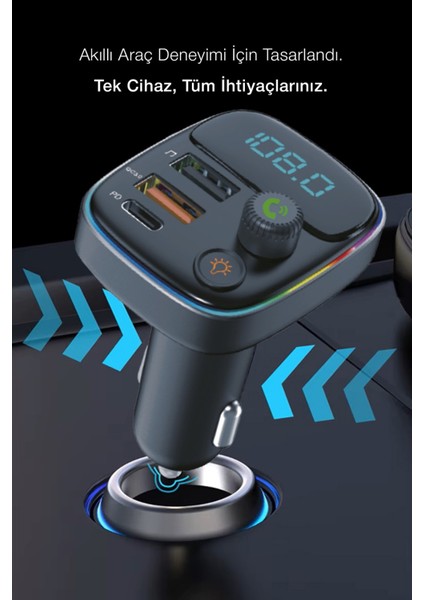 Pd 30W Hızlı Şarj & Rgb LED Işıklı Araç Fm Transmitter | 6 Multi-Port | 5V 3.1A USB | 1m Kablolu modelleri