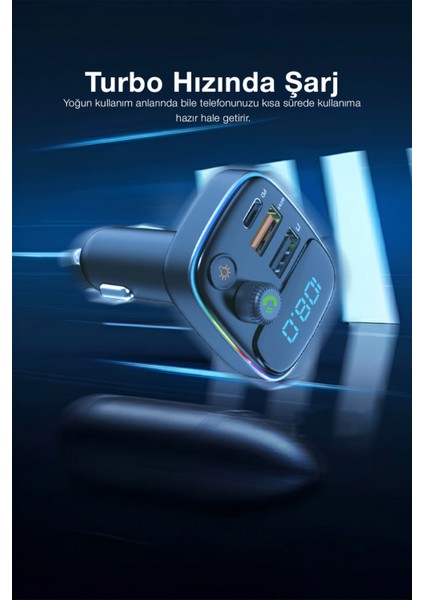 Pd 30W Hızlı Şarj & Rgb LED Işıklı Araç Fm Transmitter | 6 Multi-Port | 5V 3.1A USB | 1m Kablolu indirimleri