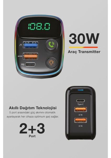 Pd 30W Hızlı Şarj & Rgb LED Işıklı Araç Fm Transmitter | 6 Multi-Port | 5V 3.1A USB | 1m Kablolu