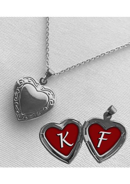 Çelik K F Harfli Açılır Kapanır Kapaklı Kalp Sevgili Arkadaşlık Kolyesi Epoksi Dolgulu Gümüş Renk