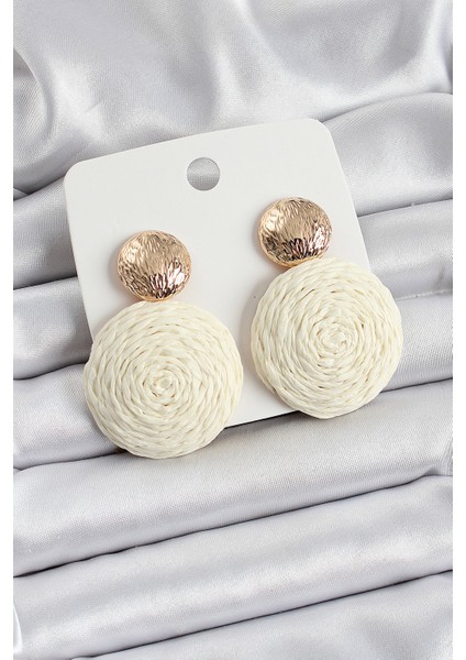 Krem Daire Figürlü Hasır Örgü Renk Kadın Küpe - TJ-BKP10725