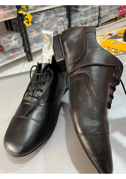 Siyah Gerçek Deri Yeni Kalıp Maskaratlı Çarıkmodel 1 cm Topuklu Erkek Tango Dans ve Salon Ayakkabısı