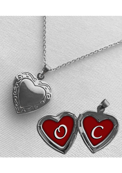 Çelik O C Harfli Açılır Kapanır Kapaklı Kalp Sevgili Arkadaşlık Kolyesi Epoksi Dolgulu Gümüş Renk
