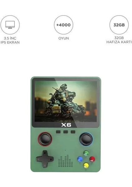 X6 Yeşil 4000+ Klasik Oyunlu 3.5 Inç IPS Ekran Atari Oyun Konsolu