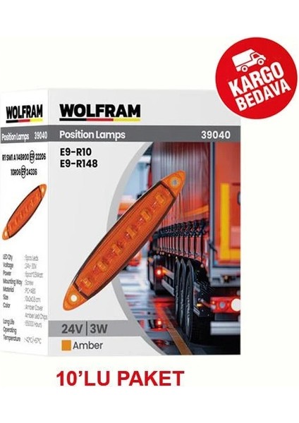 LED Yan Pozisyon Lambası Amber Renk Parmak LED 24V 3W E9-R10 Belgeli 10'lu Paket- Wolfram 39040