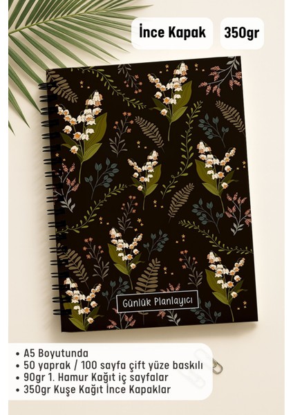 Günlük Planlayıcı A5 Defter, Notlar, Yapılacaklar, Esnek Karton Kapaklı, 100 Günlük, Ters Çiçekli