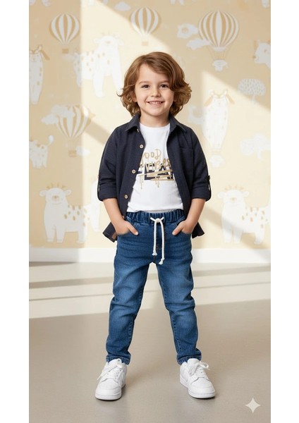 Erkek Çocuk 3'lü Kombin Takım -Cepli Gömlek, %100 Pamuk Tişört ve Likralı Beli Lastikli Jean Pantolon