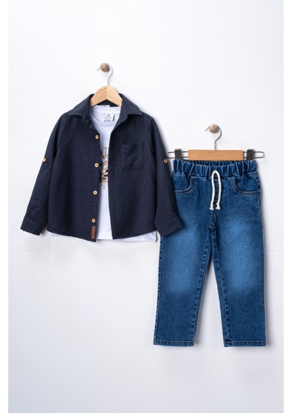 Erkek Çocuk 3'lü Kombin Takım -Cepli Gömlek, %100 Pamuk Tişört ve Likralı Beli Lastikli Jean Pantolon fiyatları