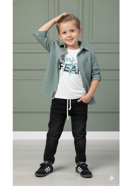 Erkek Çocuk 3'lü Kombin Takım -Cepli Gömlek, %100 Pamuk Tişört ve Likralı Beli Lastikli Jean Pantolon