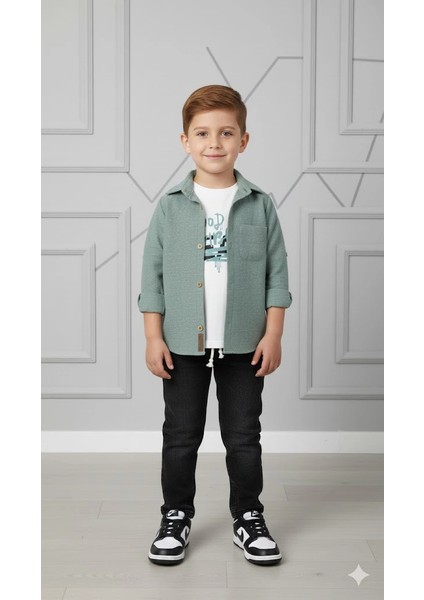 Erkek Çocuk 3'lü Kombin Takım -Cepli Gömlek, %100 Pamuk Tişört ve Likralı Beli Lastikli Jean Pantolon fiyatları