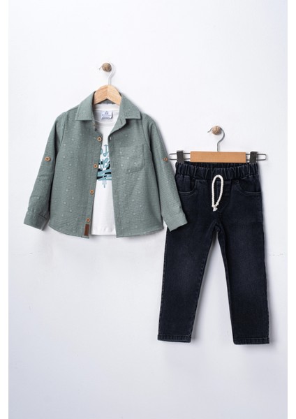Erkek Çocuk 3'lü Kombin Takım -Cepli Gömlek, %100 Pamuk Tişört ve Likralı Beli Lastikli Jean Pantolon modelleri