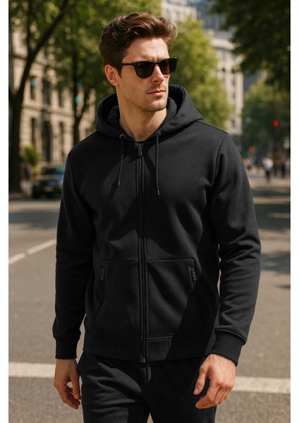 Erkek Kapüşonlu Tek Üst Ceket REU-25723 Siyah