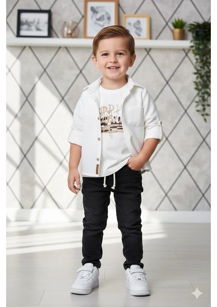 Erkek Çocuk 3'lü Kombin Takım -Cepli Gömlek, %100 Pamuk Tişört ve Likralı Beli Lastikli Jean Pantolon