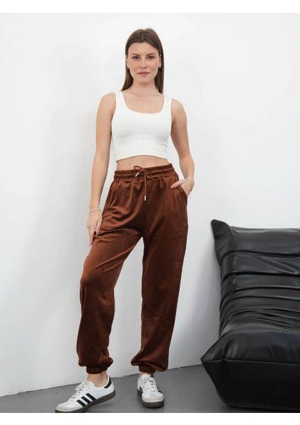 Paça Lastikli Kadife Eşofman Kahve MD34