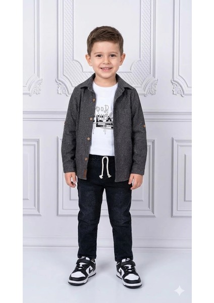 Erkek Çocuk 3'lü Kombin Takım -Cepli Gömlek, %100 Pamuk Tişört ve Likralı Beli Lastikli Jean Pantolon