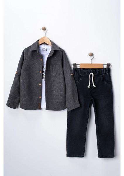 Erkek Çocuk 3'lü Kombin Takım -Cepli Gömlek, %100 Pamuk Tişört ve Likralı Beli Lastikli Jean Pantolon fiyatları