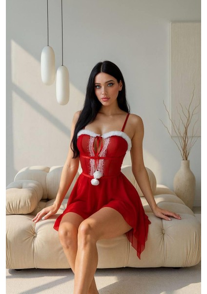 Arias Closet Kırmızı Dantel Işlemeli Fantezi Yılbaşı Özel Tül Gecelik