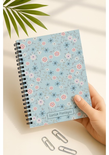 Günlük Planlayıcı A5 Defter, Notlar, Yapılacaklar, Esnek Karton Kapaklı, 100 Günlük, Mavi Çiçekli
